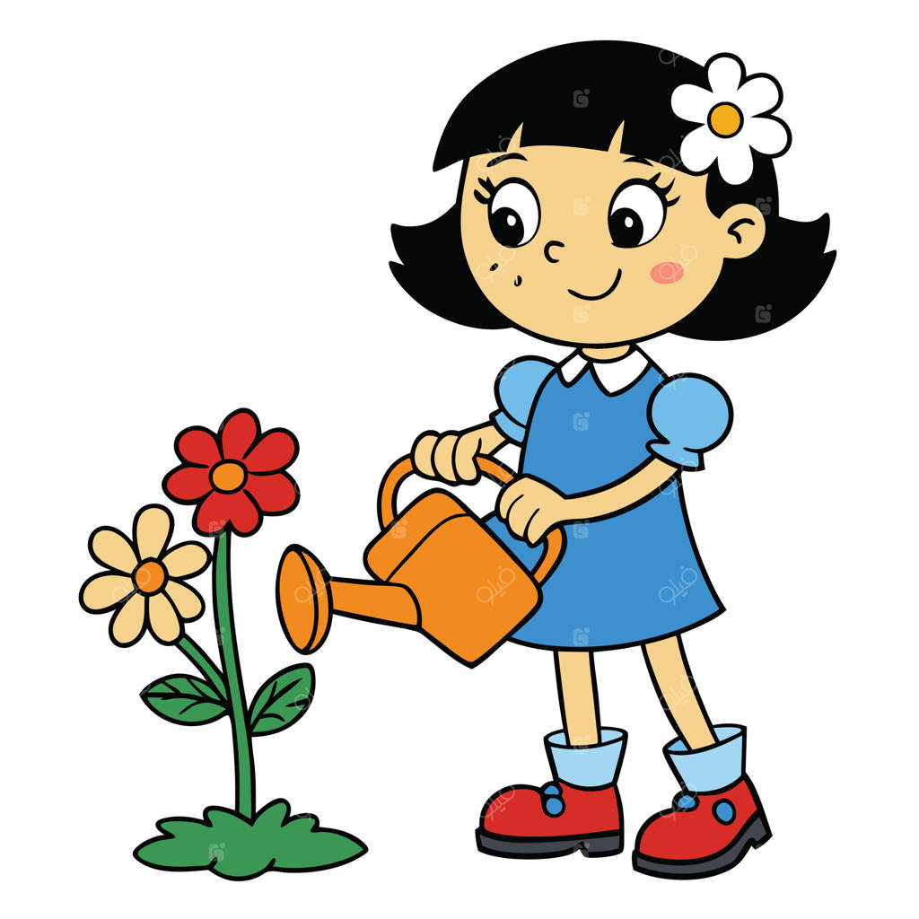 دختر کارتونی در حال آبیاری گل‌ها با آب‌پاش در باغچه