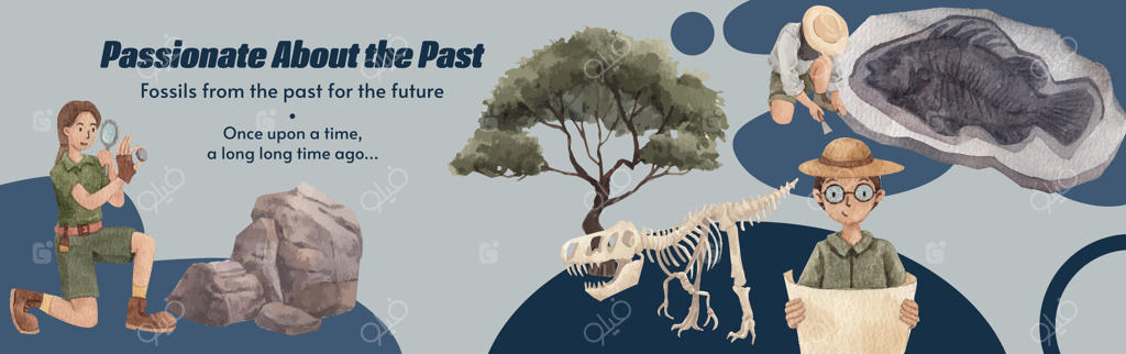 قالب تبلیغات فیس‌بوک با الهام از باستان‌شناسی فسیل‌ها به سبک آبرنگی
