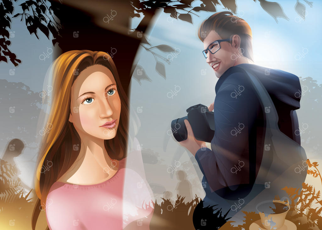 خانم زیبا از پشت شیشه کافه نگاهی دزدانه به عکاس مرد می‌اندازد