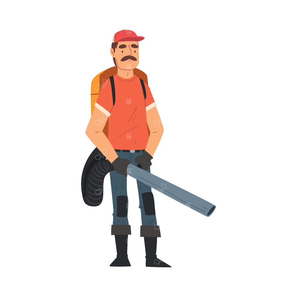 باغبان مرد با دستگاه برگ‌روب: تصویر شخصیت کشاورز مرد در حال کار در باغ یا مزرعه