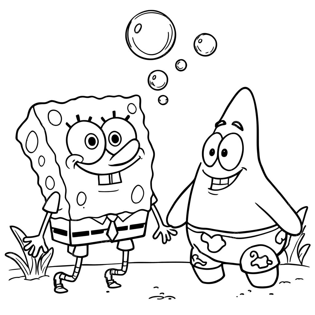 صفحه رنگ‌آمیزی هنر خطی: باب اسفنجی و پاتریک دوستان صمیمی در حال پیاده‌روی زیر حباب‌ها