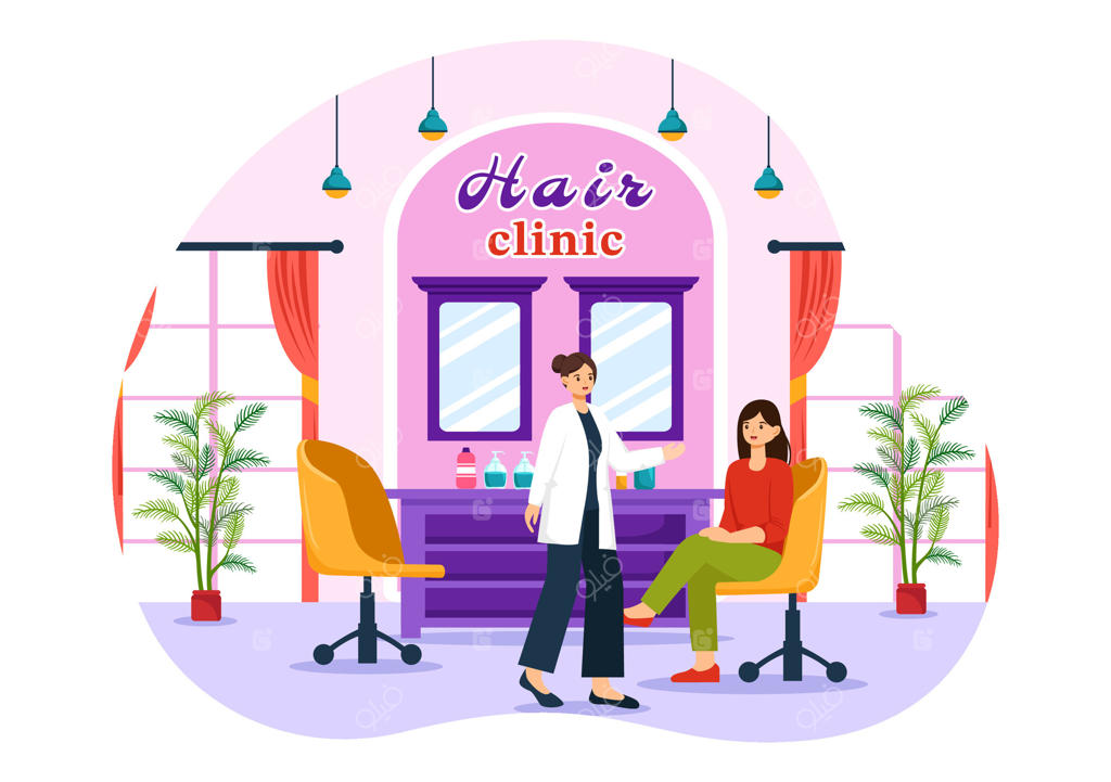 تصویری از کلینیک مو با آرایشگر، کوتاهی مو، مراقبت از مو و مدل مو در سالن زیبایی یا آرایشگاه به سبک کارتونی تخت