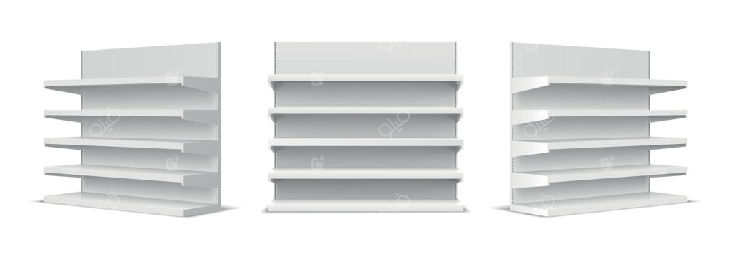 نمای جلو و زاویه‌دار قفسه خالی فروشگاه سفید. مجموعه‌ وکتور واقع‌گرایانه از استند سوپرمارکت، کتابخانه و نمایشگاه محصولات فروشگاهی