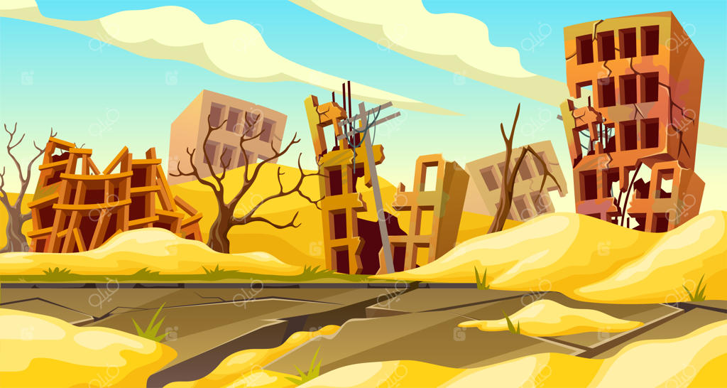 ساختمان‌های ویران شده پس از فاجعه طبیعی: خانه‌های متروکه و خراب در بیابان