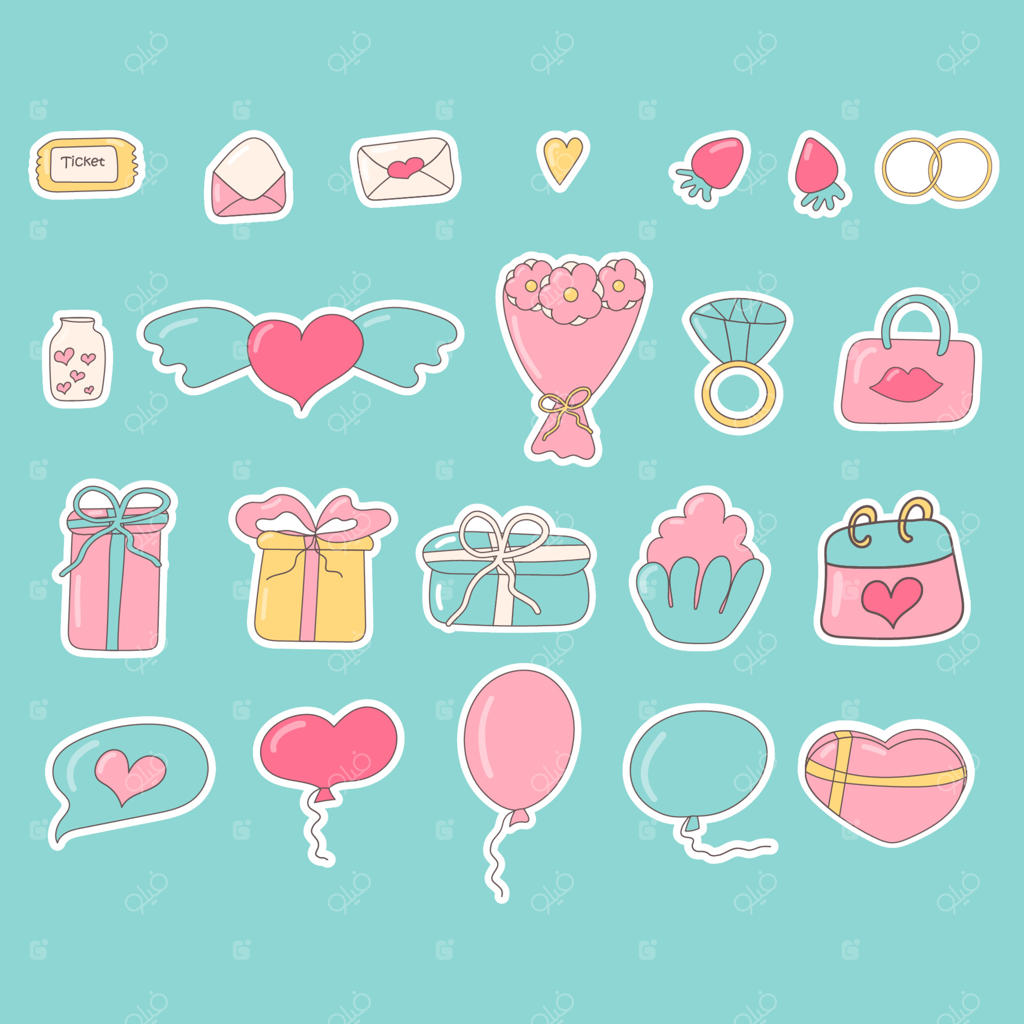 استیکرهای عاشقانه، هدایا، بادکنک، حلقه، دسته گل و تقویم ۱۴ فوریه