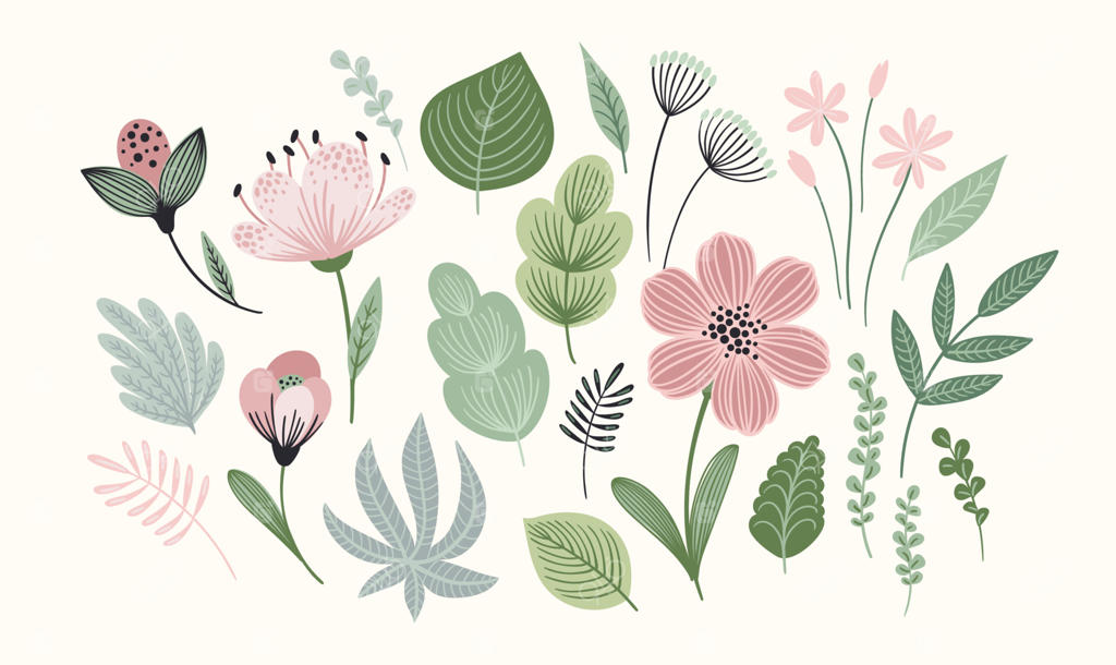 مجموعه‌ای از برگ‌ها، گل‌ها و چمن‌های انتزاعی. کلیپ‌آرت و عناصر جداگانه. تصاویر وکتور.