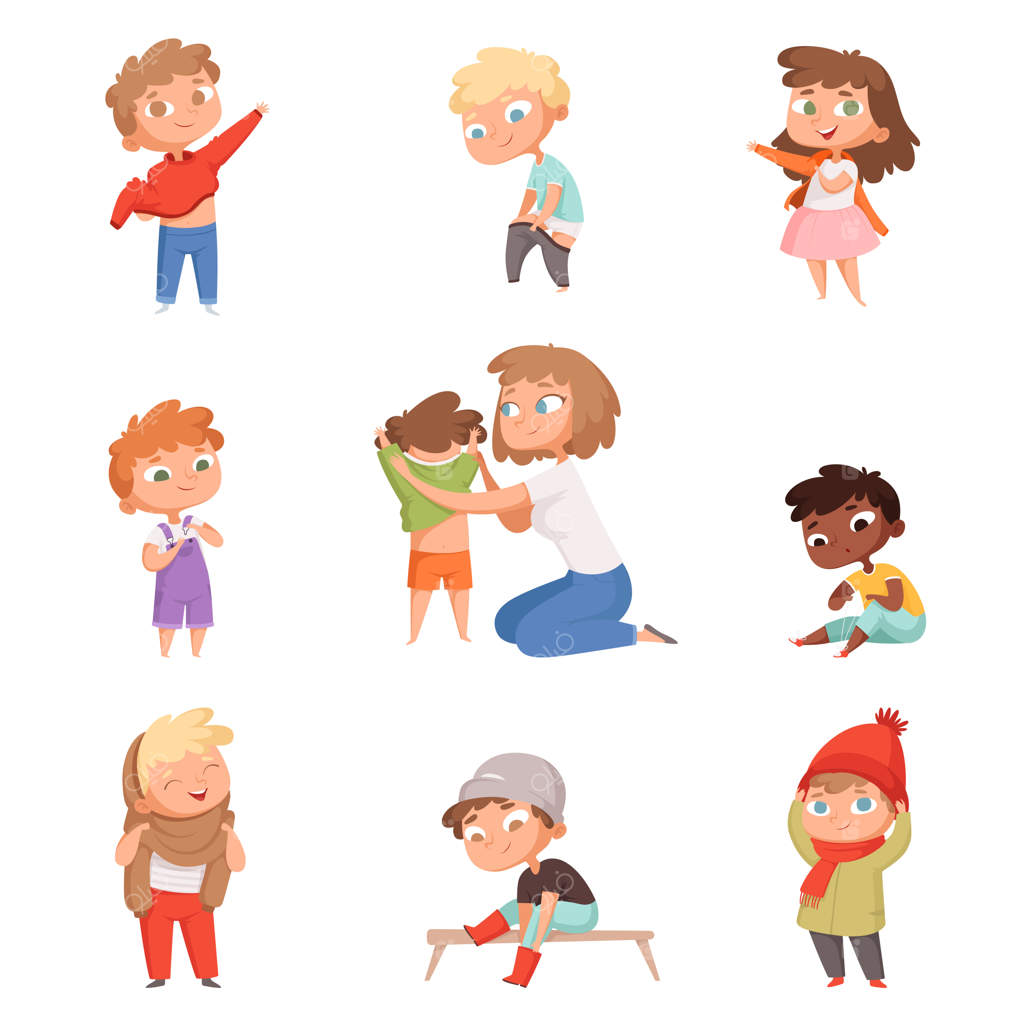 لباس پوشیدن بچه‌ها: مجموعه تصاویر تعویض لباس، شامل لباس و شلوار با کفش برای کودکان.