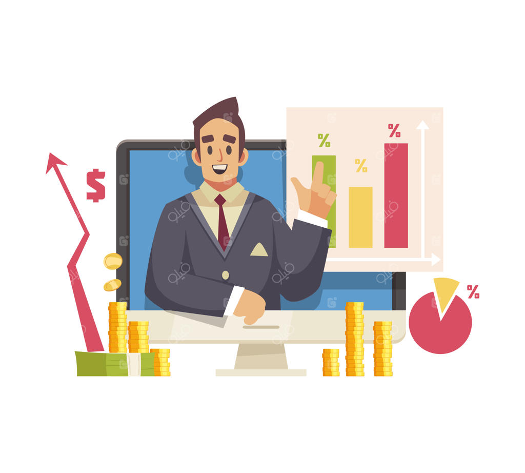 وبلاگ‌نویس مرد در حال پخش ویدیو درباره مالی و بانکداری - کارتون