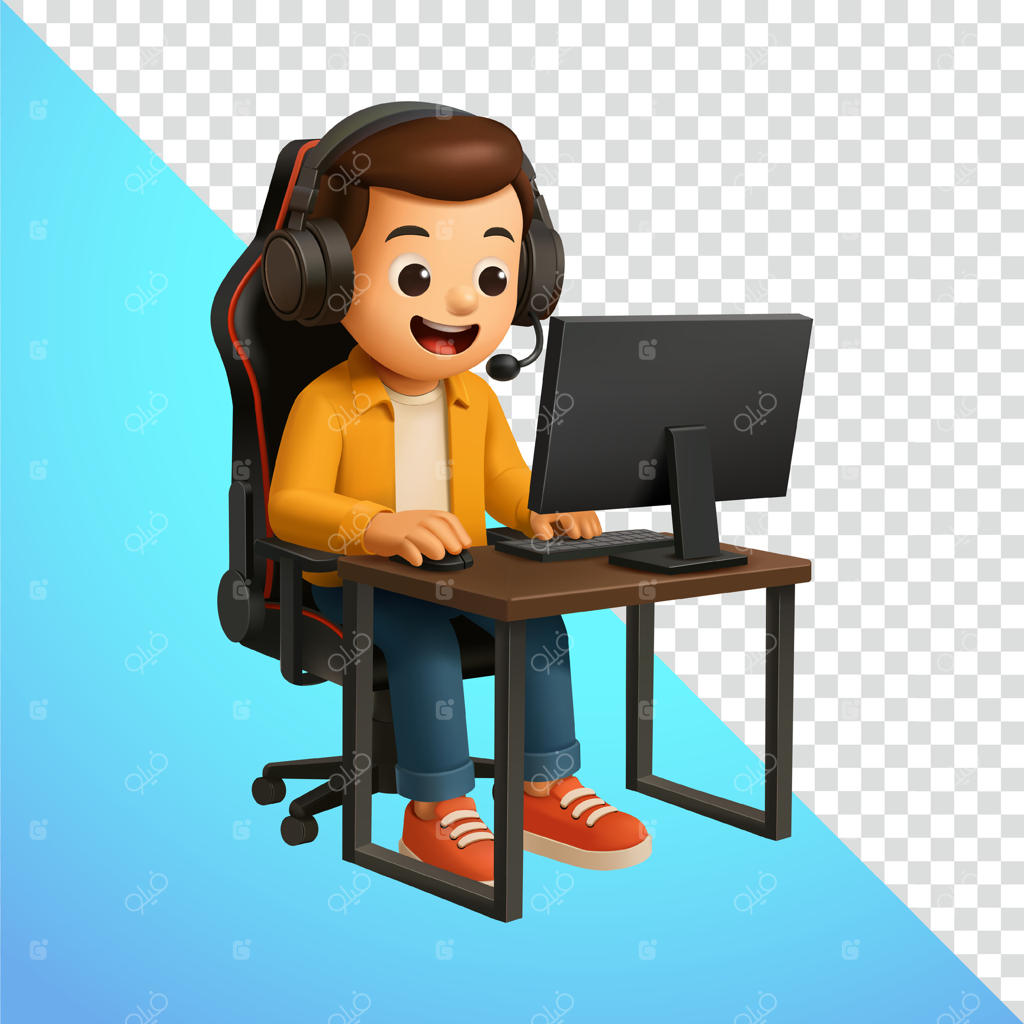 استریمر مرد در حال بازی با کامپیوتر، سه‌بعدی. مناسب برای شبکه‌های اجتماعی و تبلیغات