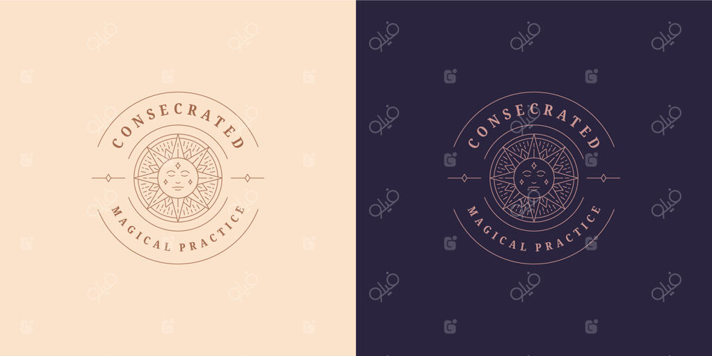 طرح لوگو و نماد خورشید جادویی با چهره انسانی به سبک هنر خطی مینیمال.