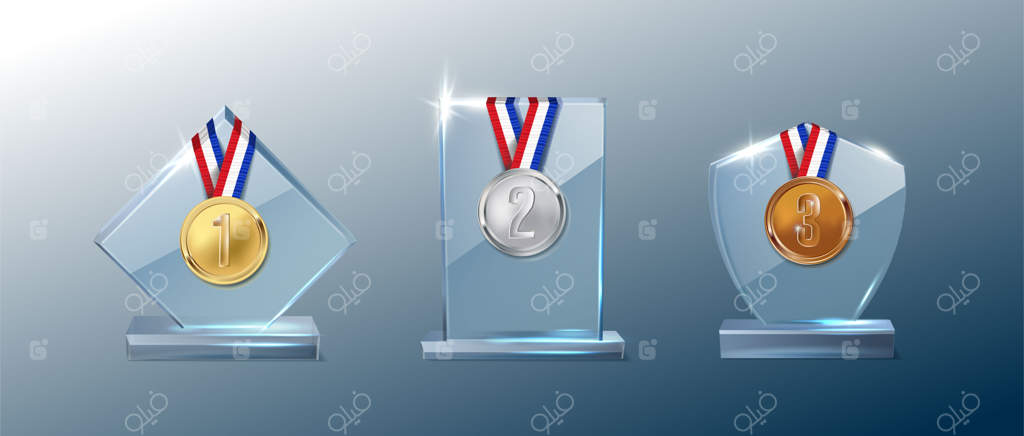 مجموعه آیکون های وکتور: کاپ کریستالی با مدال های طلا، نقره و برنز