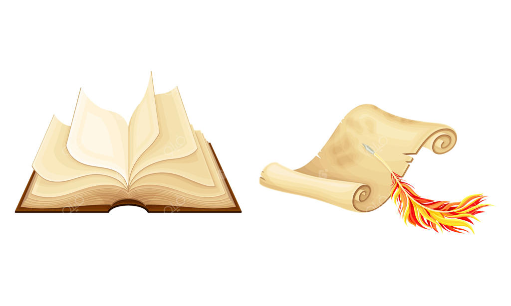 تصویر طومار کاغذی عتیقه و مجموعه‌ای از کتاب باز شده