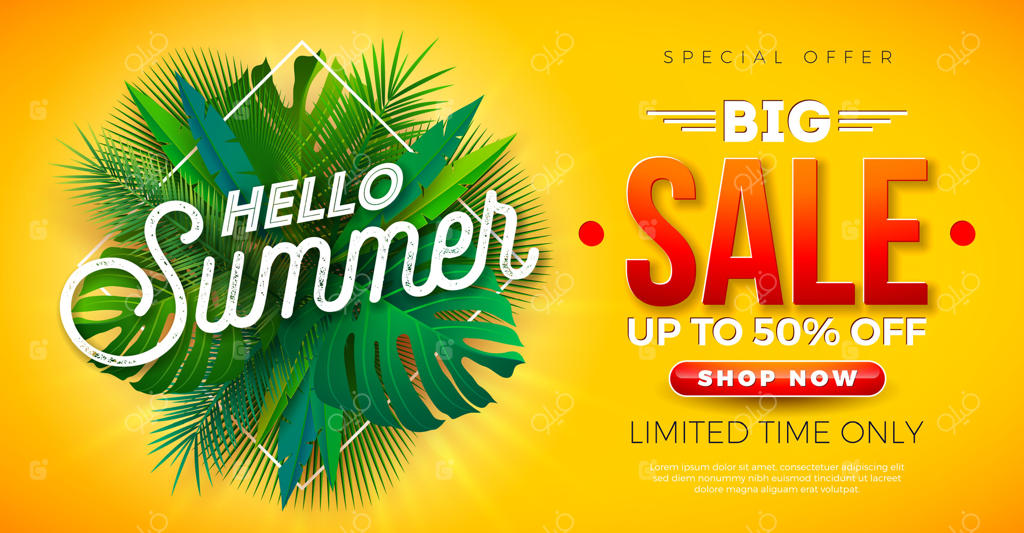 طرح تبلیغاتی فروش تابستانه با گل‌ها و برگ‌های نخل در پس‌زمینه زرد. تصویرسازی گل‌های استوایی با نوشته مناسب برای کوپن‌ها، بنرها و بروشورها