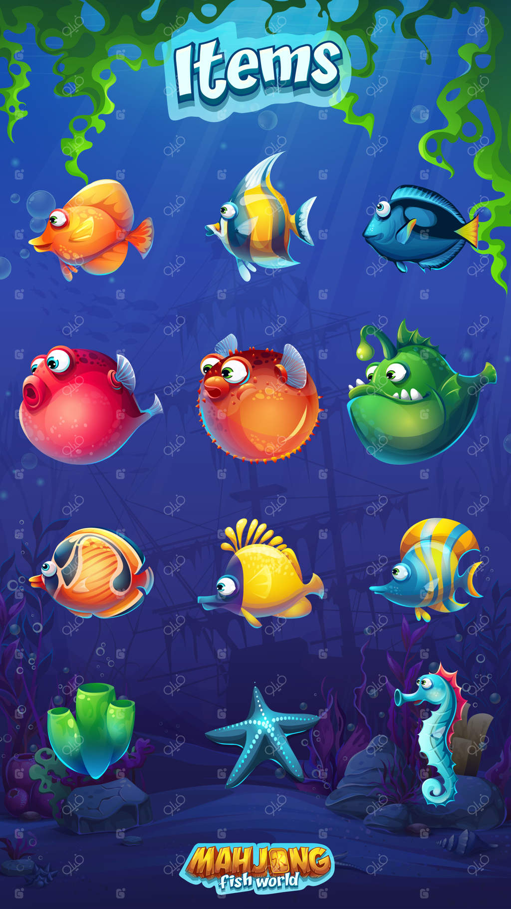 دنیای ماهی ماهجونگ: مجموعه‌ای از ماهی‌های کارتونی بامزه در پس‌زمینه دنیای زیر آب