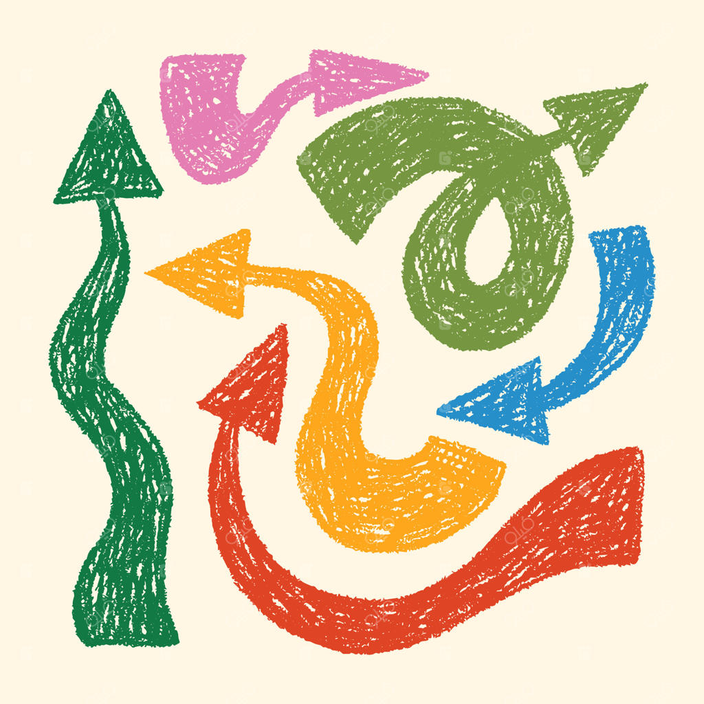 مجموعه‌ای از فلش‌های ضخیم و رنگارنگ که با مداد شمعی در جهت‌های مختلف کشیده شده‌اند.