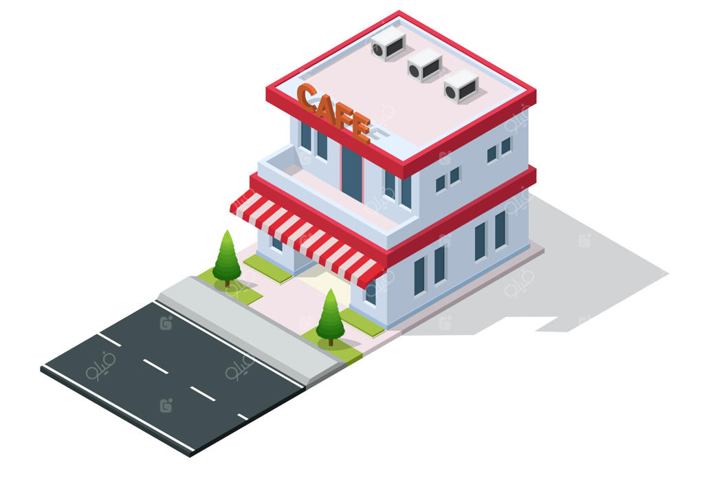 ترسیم ایزومتریک از یک کافی‌شاپ یا کافه