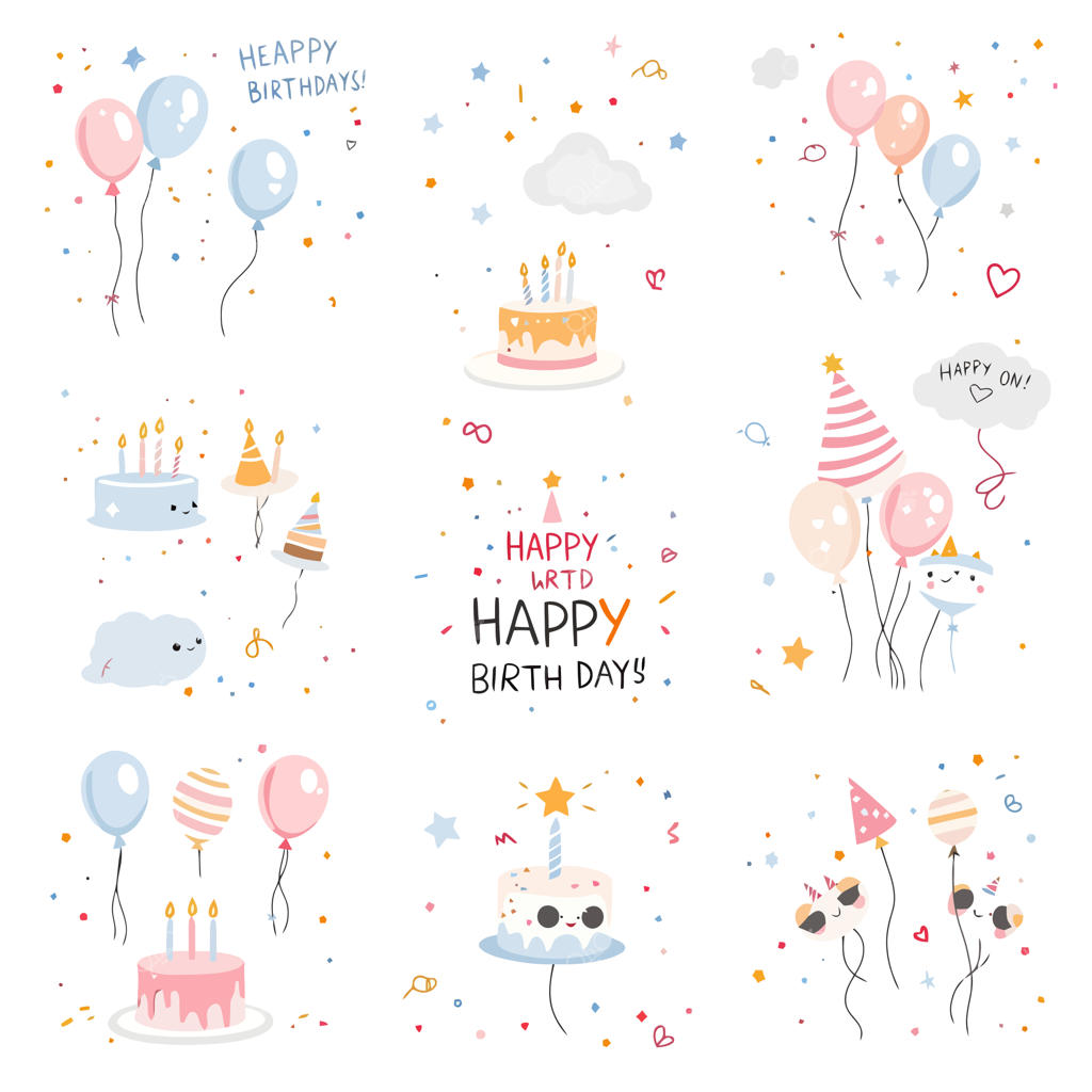 کارت تبریک تولد با بادکنک، کیک و ستاره