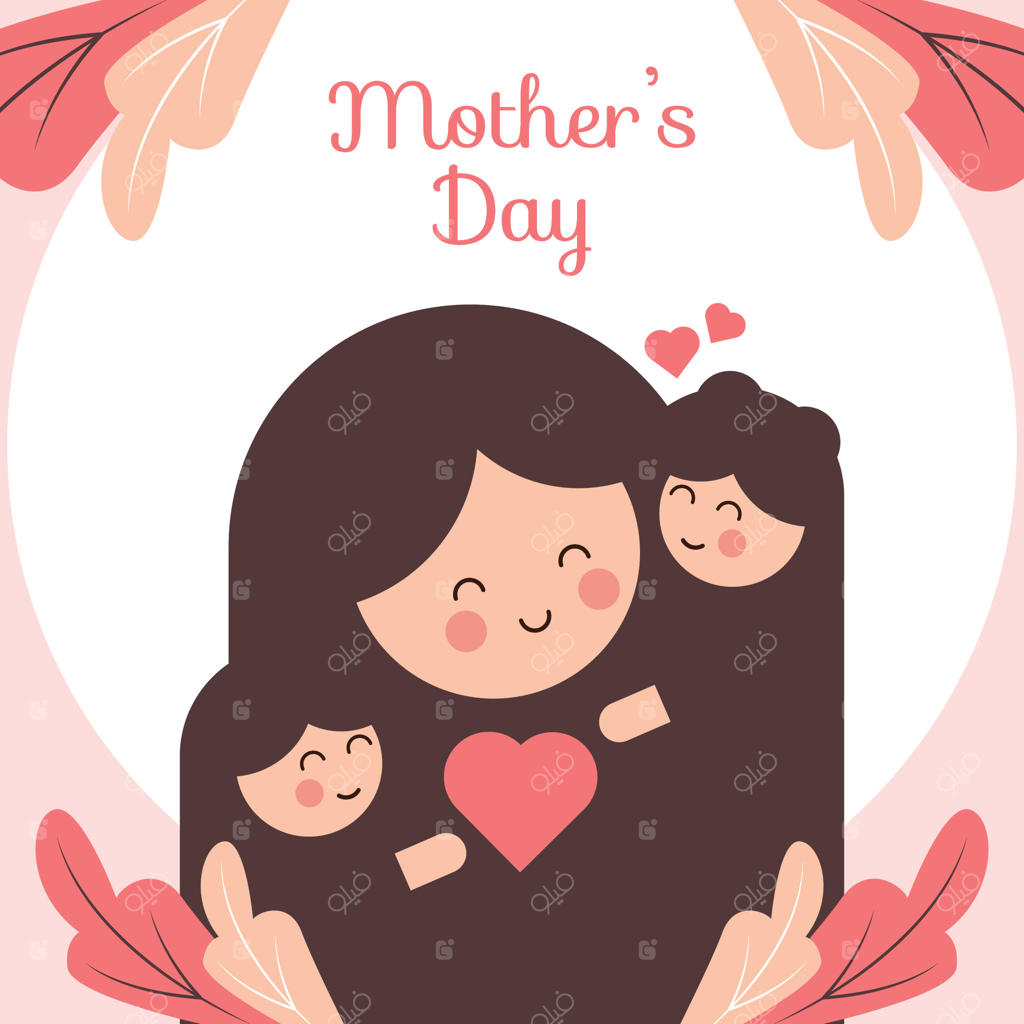 کارت تبریک مینیمالیستی روز مادر با پس‌زمینه سفید و طراحی قلب و برگ‌های استوایی