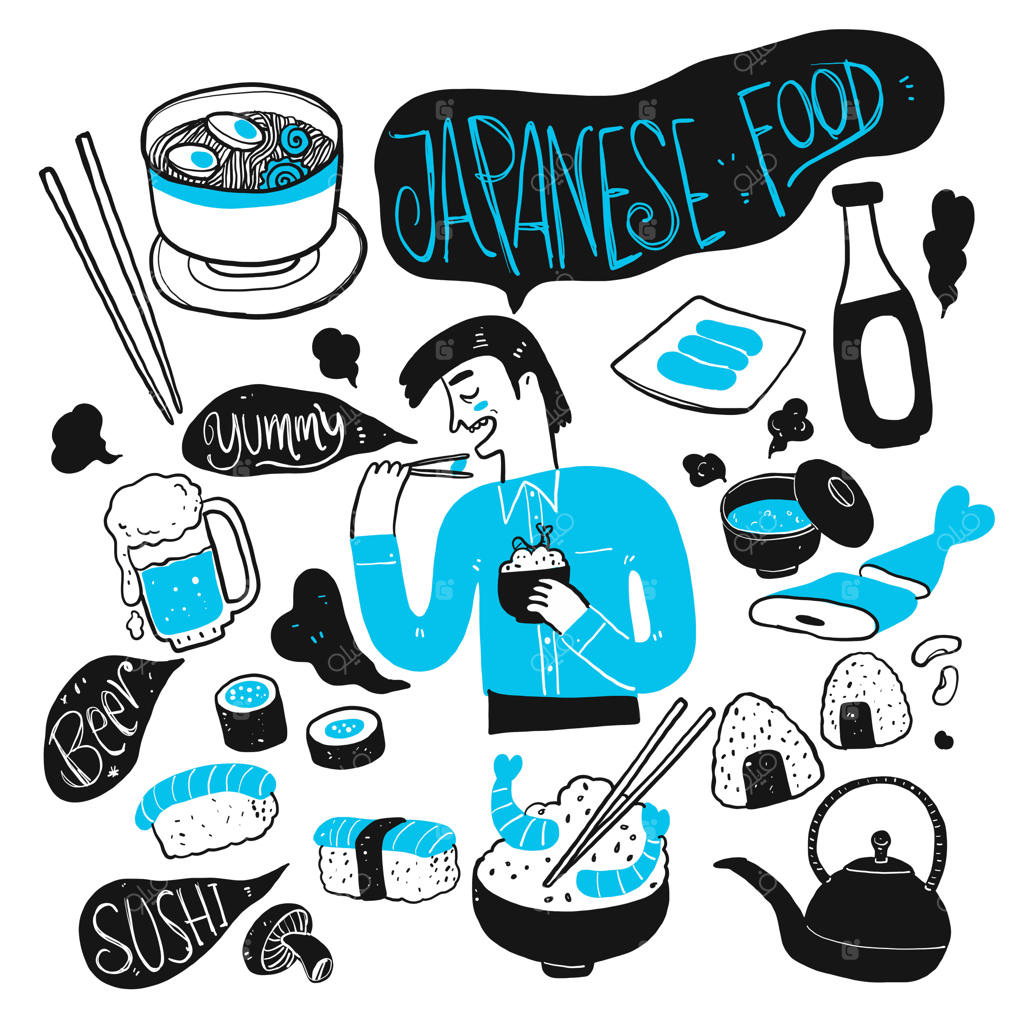مرد و غذای ژاپنی: مجموعه‌ای از طرح‌های دستی وکتور با سبک طرح‌واره.