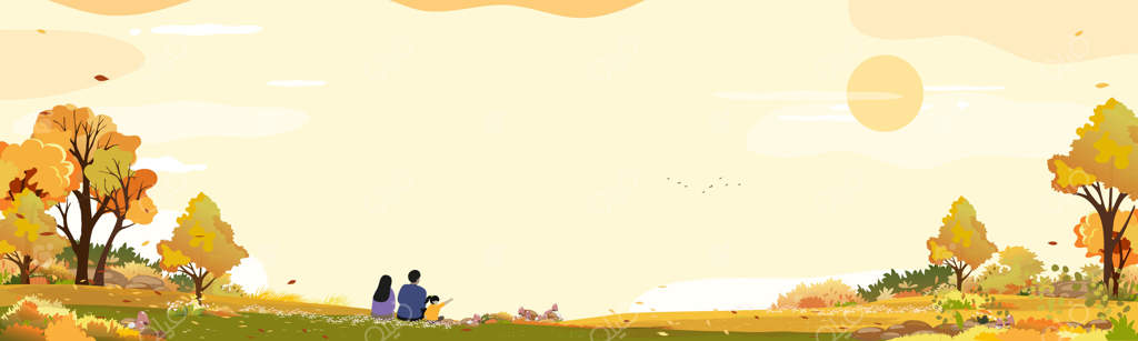 چشم‌انداز پاییزی با خانواده‌ای در پارک باغ نشسته و تماشای آسمان غروب، پس‌زمینه ابری، نقاشی کارتونی بنری طبیعت پرده‌ای نارنجی مزرعه روستایی با طلوع آفتاب در دل حومه شهر