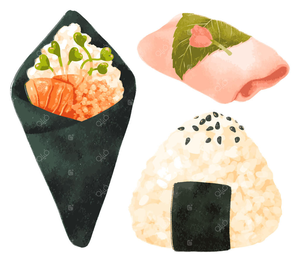مجموعه‌ای از عناصر آبرنگی دست‌ساز غذاهای ژاپنی