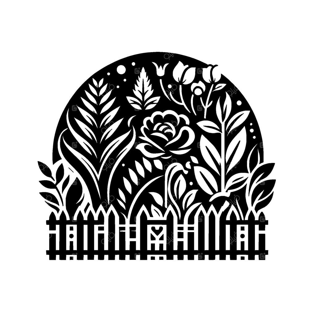 ترکیب باغ گل سیاه و سفید در نیم‌دایره، محصور با نرده چوبی، با رزها و گیاهان متنوع.