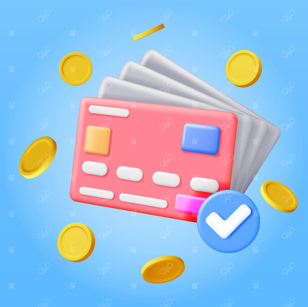 کارت‌های بانکی سه‌بعدی با علامت تایید و سکه: رندر کارت اعتباری برای امور مالی، خرید آنلاین و بانکداری. پرداخت بدون نقد، تراکنش‌های امن، انتقال وجه. تصویر وکتور