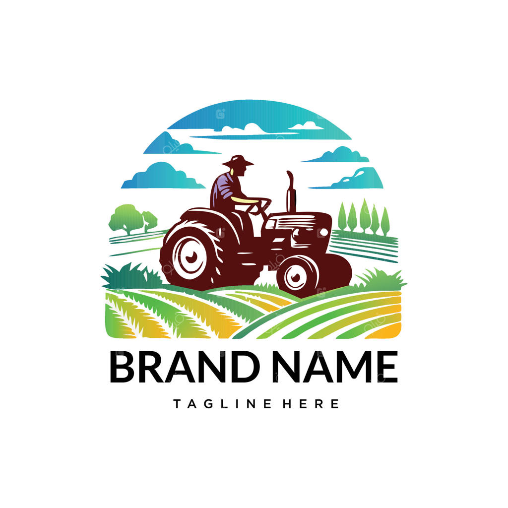 لوگوی مدرن منظره کشاورزی با رنگ‌های زنده، مناسب برای برندینگ محصولات ارگانیک و کسب‌وکارهای روستایی