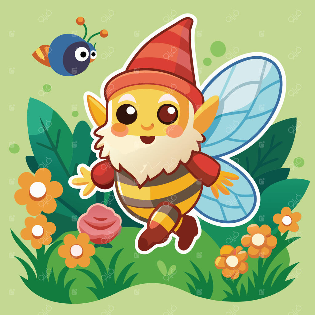 برچسب کارتونی طنز از زنبوری گیج که دور یک کوتوله باغ می‌چرخد