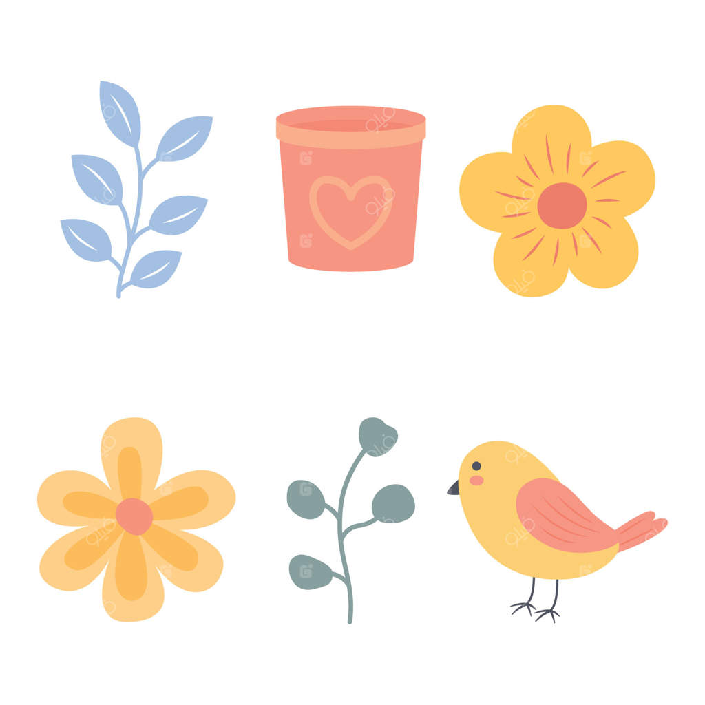 عناصر مجموعه پرنده با گل طبیعی، گیاهان گل‌دار و گلدان در باغ