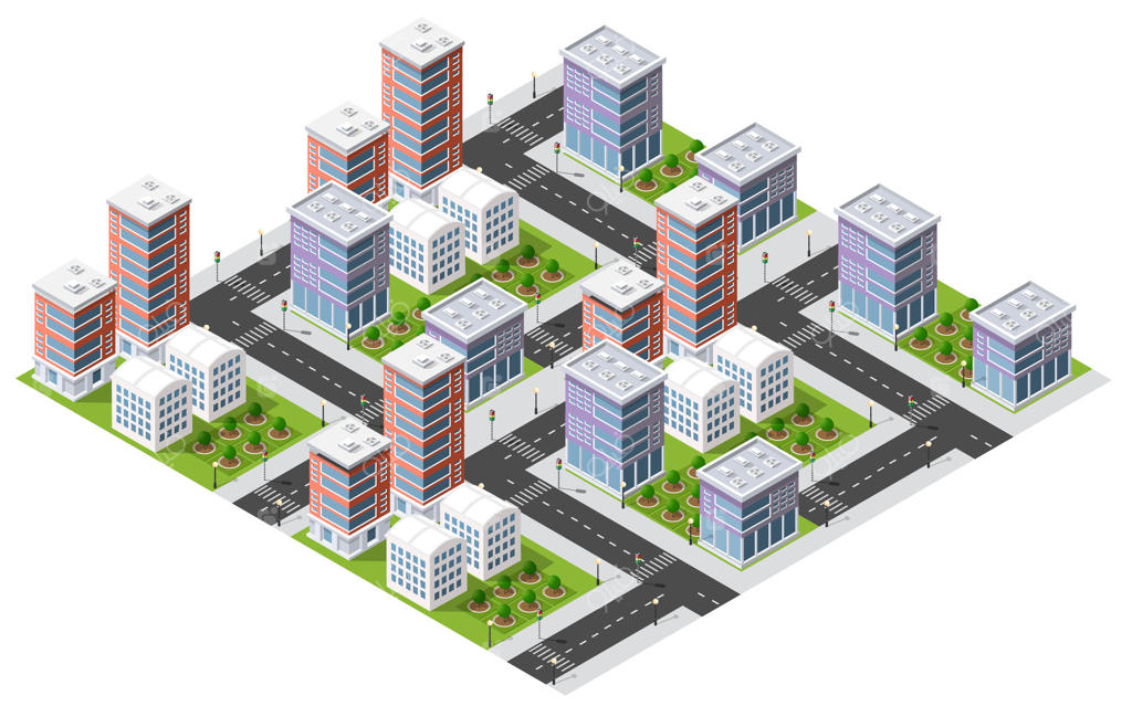 نمای ایزومتریک از بالای کلان‌شهر و زیرساخت‌های شهری، خیابان‌های مدرن، معماری واقعی و تصویرسازی سه‌بعدی ساختمان‌های گوناگون