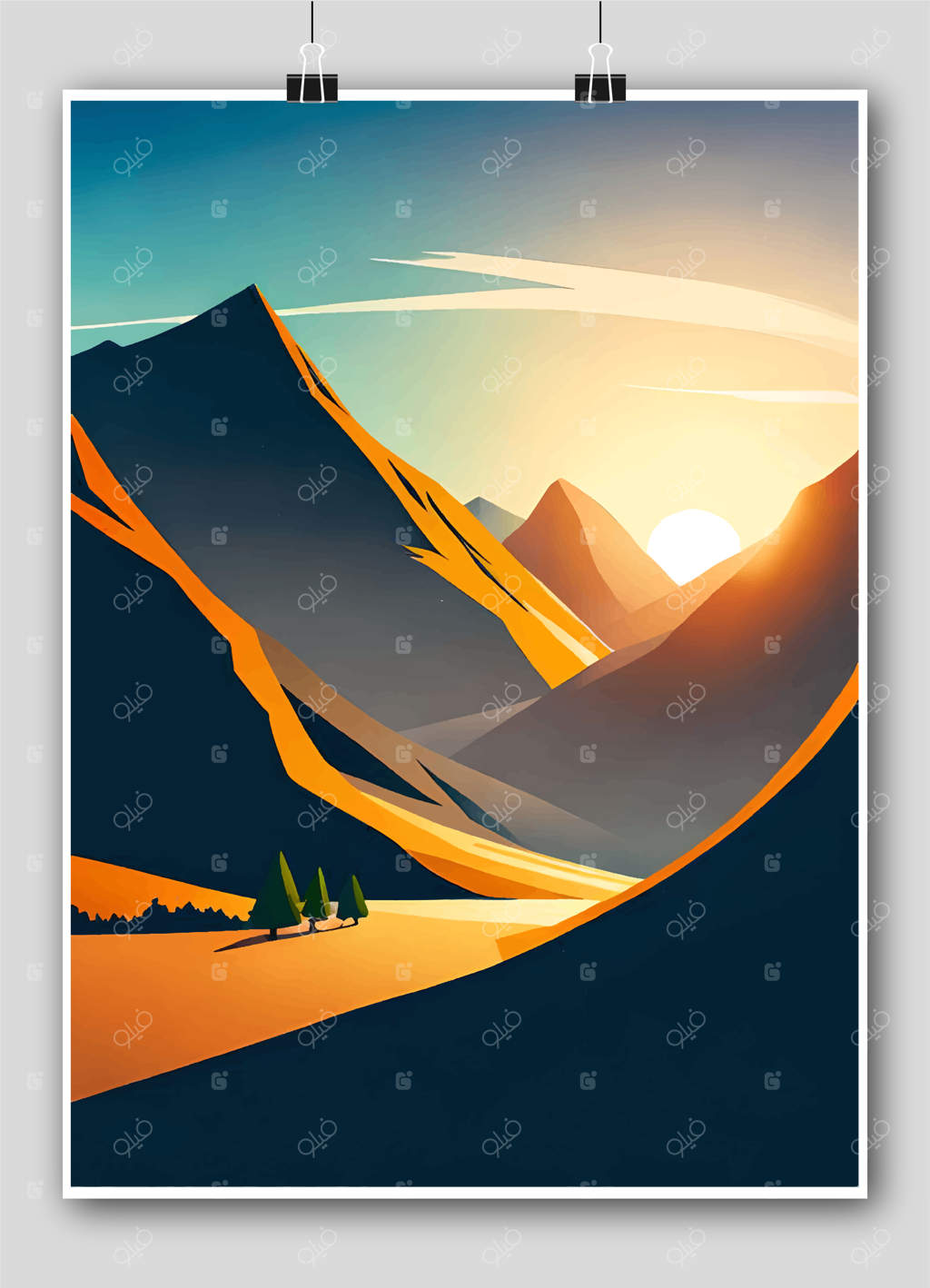 پوستر نقاشی کوهستان با قلم و آبرنگ