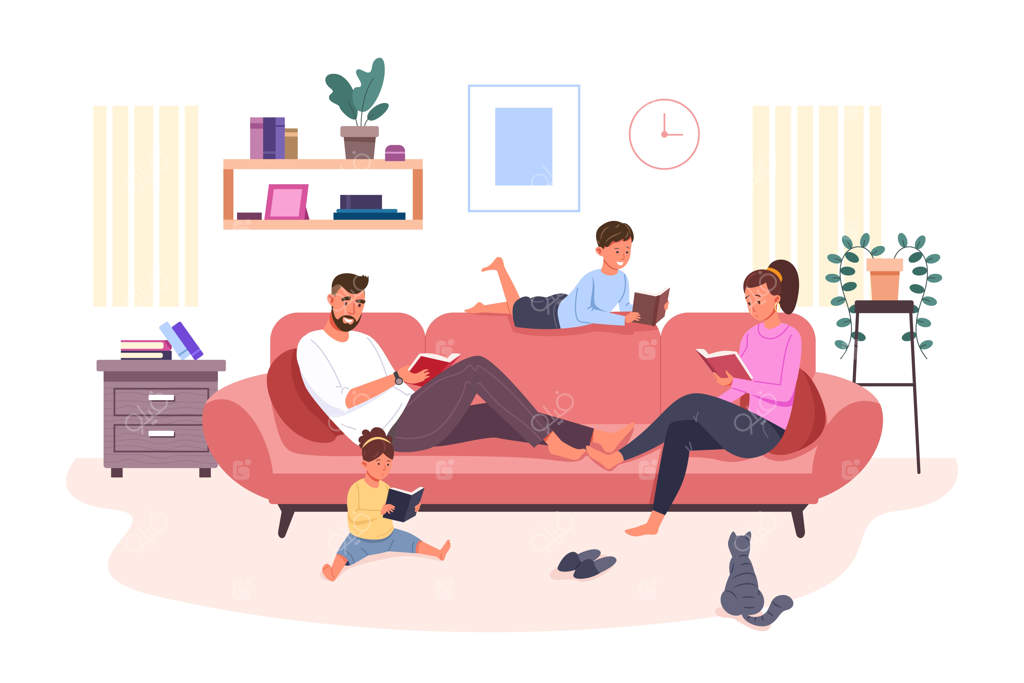 خانواده کتاب می‌خوانند: والدین و فرزندان در حال خواندن داستان‌های افسانه‌ای در اتاق نشیمن خانه؛ پدر و مادر روی مبل نشسته و کتاب داستانی برای پسر کوچکشان می‌خوانند. (تصویرسازی از شخصیت‌های خانواده)