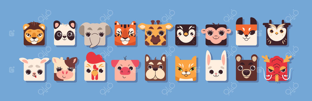 صورت‌های مربعی و بامزه حیوانات با طراحی تخت؛ مجموعه سر حیوانات خانگی، سافاری و مزرعه برای کودکان. ست آیکون و آواتارهای رنگارنگ برای رابط کاربری بازی و اپلیکیشن موبایل