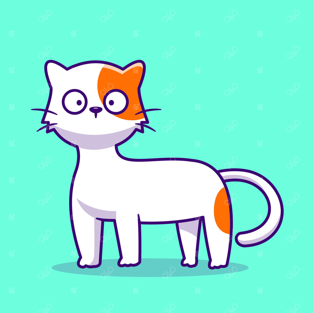 آیکون وکتور کارتونی گربه بامزه و متعجب. مفهوم آیکون حیوانات و طبیعت، طراحی فلت و ممتاز.