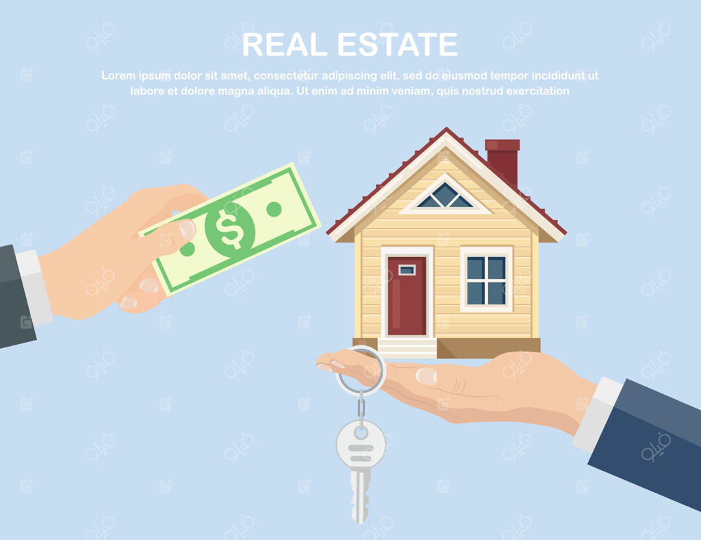 خرید خانه: مفهوم املاک و فروش خانه، دست، کلید و پول را نگه می‌دارد