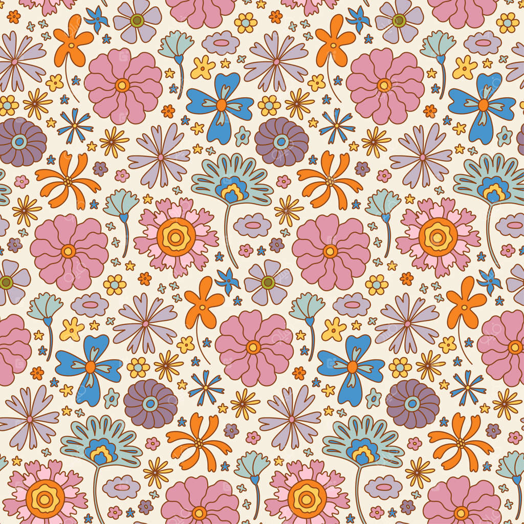 کاغذ دیجیتال طرح گل دست ساز قدیمی با پترن یکپارچه بوهوی دهه ۷۰