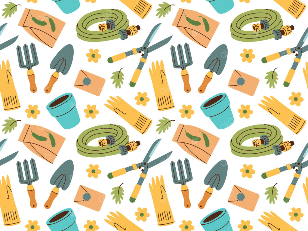 پترن یکپارچه از وسایل باغبانی با طراحی دستی. ابزارهای کشاورزی و باغ برای کارهای بهاری.