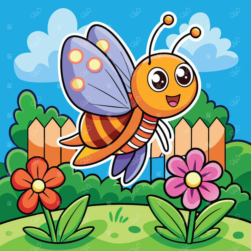 پروانه کارتونی در حال پرواز آرام در باغ بهشتی پرطراوت