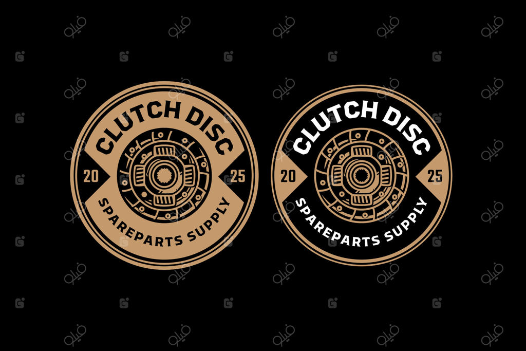 مجموعه طراحی لوگوی نشان دیسک کلاچ برای قطعات یدکی خودرو. بسته گرافیکی لوگوی آرم قدیمی قطعات کلاچ خودرو. طراحی برچسب و تصویر چرخ‌دنده برای ماشین‌آلات صنعتی.