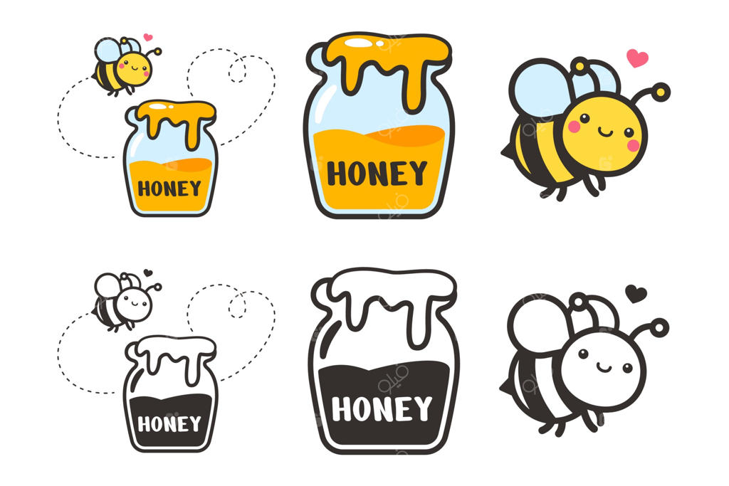 برداشت کارتونی زنبور عسل بامزه با کندوی شش‌ضلعی و گل روی زمینه سفید.