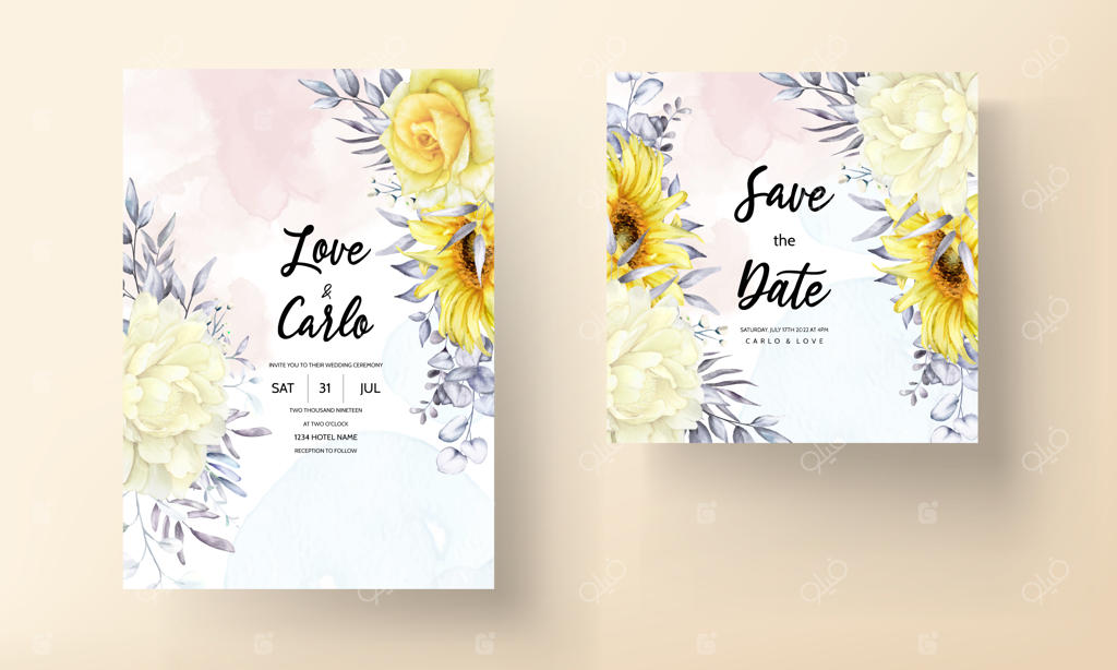 کارت دعوت عروسی شیک با طرح گل‌های آبرنگی