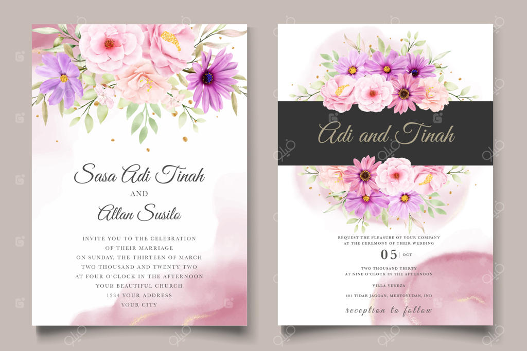 کارت دعوت عروسی با طرح آبرنگی گل داوودی