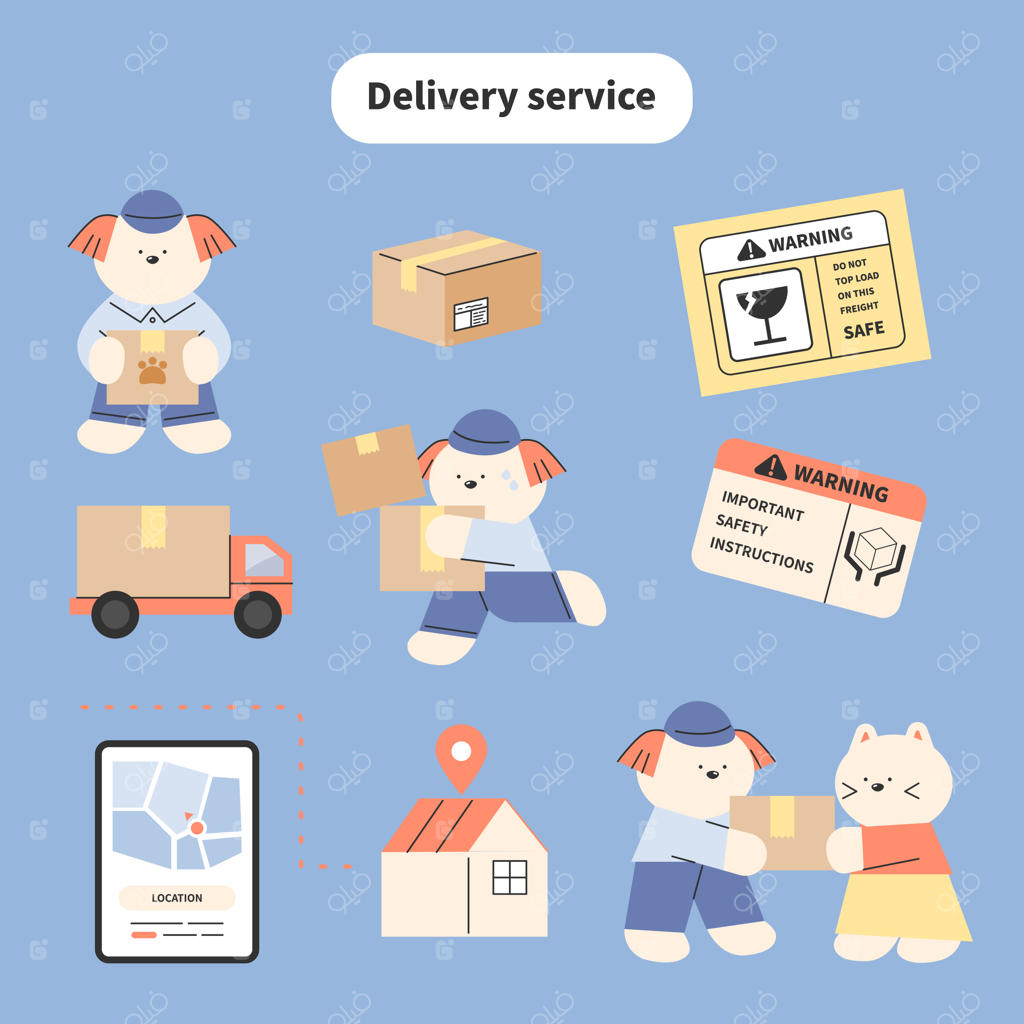 مرد پستچی بامزه با سگ کوچولو در حال تحویل کالا است.