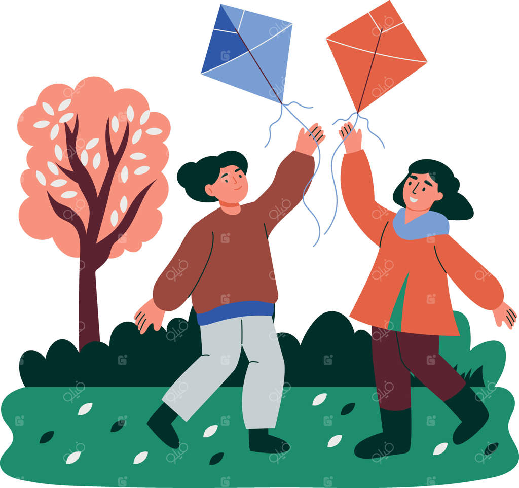 تصویرسازی به سبک تخت از بچه‌هایی که در باغ بادبادک بازی می‌کنند