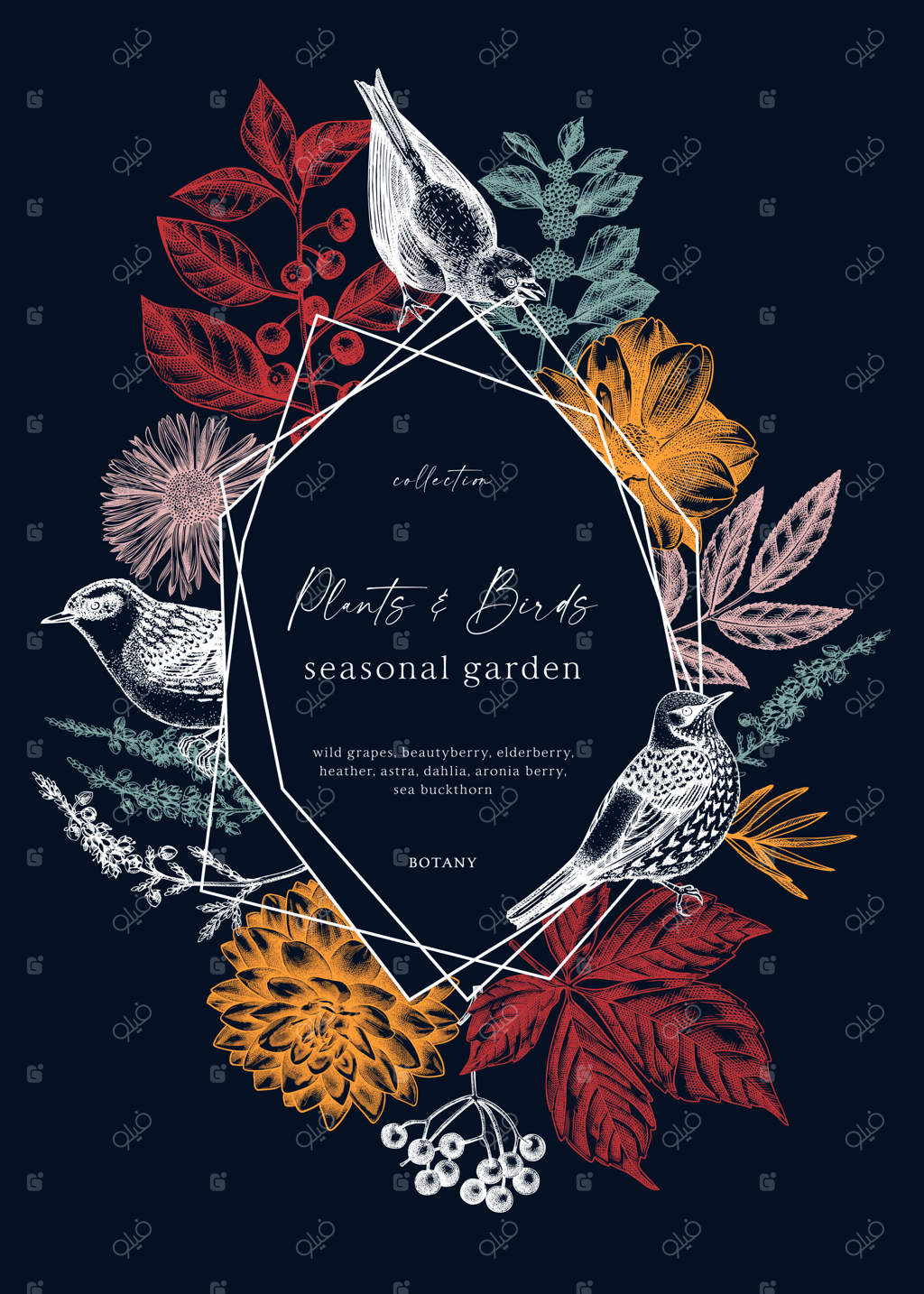 طراحی وینتیج تاج گل با طرح‌های دستی پرندگان و برگ‌های پاییزی و گل‌ها و توت‌ها