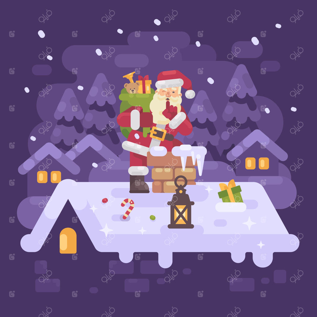 بابا نوئل شاد روی پشت بام در حال بالا رفتن از دودکش