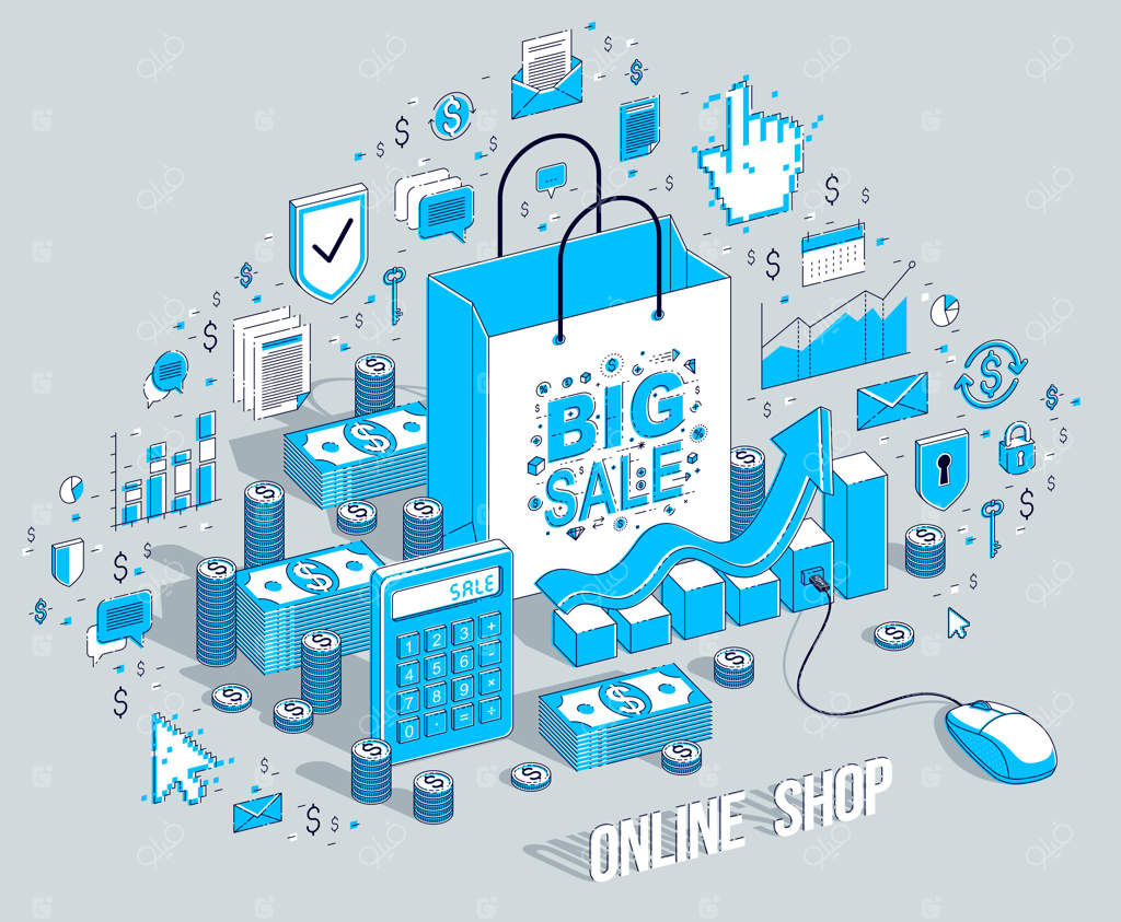 مفهوم فروشگاه آنلاین: فروشگاه وب، فروش اینترنتی و سبد خرید متصل به ماوس کامپیوتر. تصویر ایزومتریک سه‌بعدی با آیکون‌ها، نمودارها و عناصر طراحی.