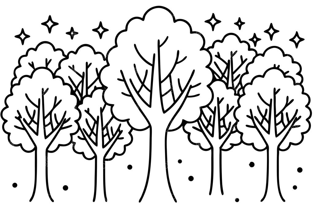 درخشش آسمان پرستاره بر فراز درختان سیاه و سفیدِ طرح‌خطی و خیال‌انگیز در جنگل