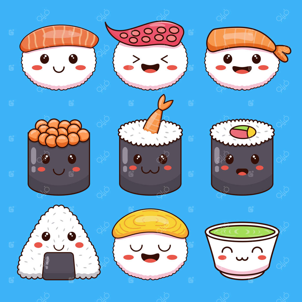 تصویرسازی وکتوری از مجموعه کاراکترهای بامزه سوشی ژاپنی
